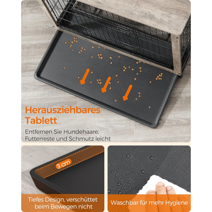 Клітка для собак Feandrea з приставним столиком, переноска, сучасна будка для собак до 36 кг, міцна, для дому, знімний піддон, 2 двері, PFC004X01 (112 x 75 x 82 см, Greige)