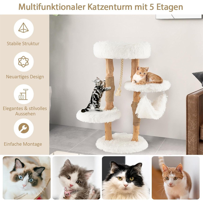 Дерев'яна кігтеточка SOARS для котів з 3-ма природними стовбурами, ліжко та плюшеві поверхні, з іграшковим м'ячиком та джутовим мотузком, багатоярусна, 59 x 49 x 110 см, білий колір