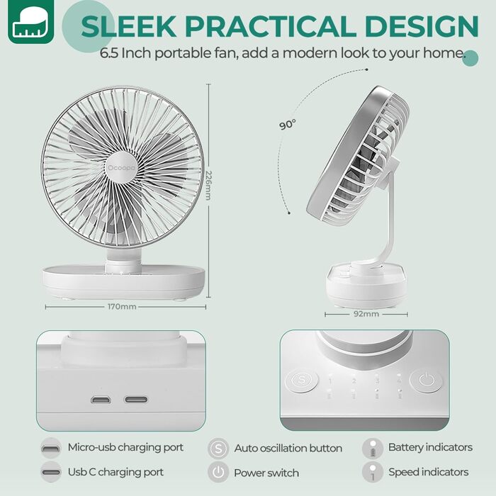 Портативний USB вентилятор OCOOPA Rotateair 6.5'' з акумулятором 4000mAh, 4 швидкості, тихий (30dB), для дому, офісу, кемпінгу, сріблястий