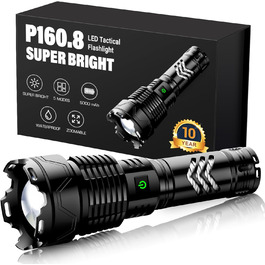 Ліхтарик Glarylight LED акумуляторний, 500000 люмен, надяскравий, зум, 5 режимів світла, водонепроникний IPX7, для вулиці та екстрених ситуацій