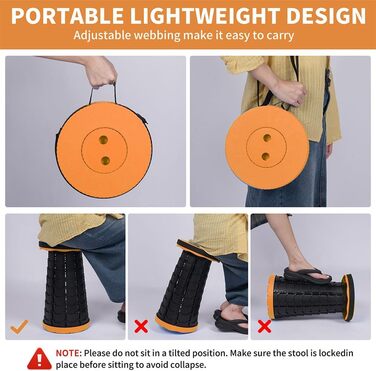 Крісло-телескоп для кемпінгу, регульована висота 6-45 см, вантажопідйомність 181 кг, портативне з ременем для перенесення (Помаранчеве - 1 шт.)