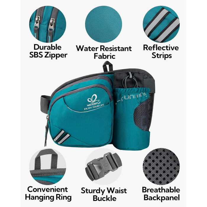 Спортивна поясна сумка Waterfly з тримачем для пляшки, для жінок та чоловіків, дихаюча, для бігу, велоспорту, кемпінгу, подорожей, хандінгу (Турквіс)