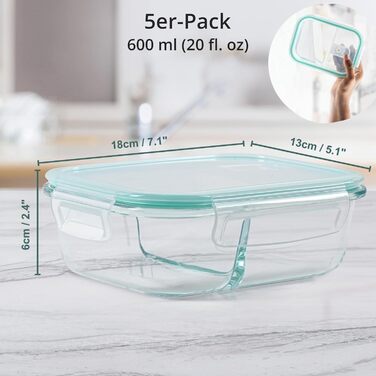 Контейнери для харчування Winter Shore скляні з 2 відділеннями (5 шт) - BPA-free, герметичні, для мікрохвильовки, морозилки та посудомийки (бірюзові)