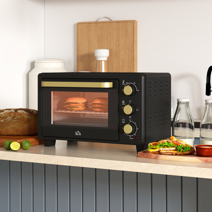 HOMCOM 16L Mini Oven 1400W Mini Oven 100-230℃ 60 Min. Timer, with Grill Rack and Baking Tray, Pizza Oven with Tray Handle, Crumb Tray Black | Aosom