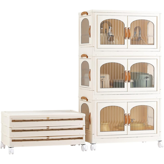 Foldable Kitchen Cabinet 98cm Storage Cabinet with 3 Doors and Wheels, Kitchen Cabinet for Living Room, Kitchen, Office, Large White