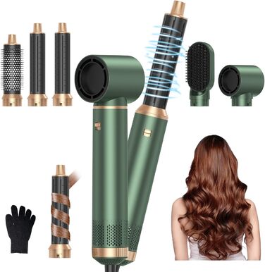Набір для укладки волосся 5 в 1: фен, плойка, брашинг, термощітка, для створення об'єму, локонів та випрямлення. Зелений колір
