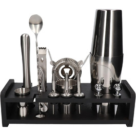 Набір для коктейлів Whiskey Rocks 17-Piece з бамбуковим підставкою: шейкер, мірний стакан, товкачик, ложка, з нержавіючої сталі, сріблястий