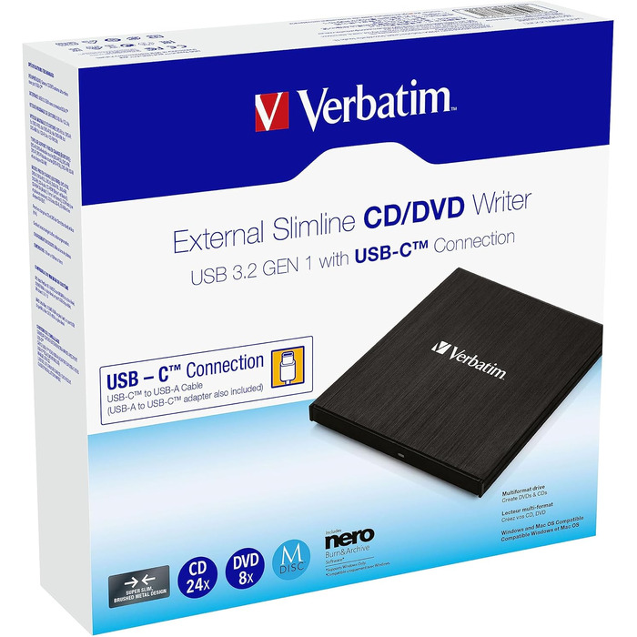 Зовнішній тонкий CD/DVD-записувач Verbatim USB-C USB 3.2 Gen1 з кабелем USB-C на USB-A, компактний привід для ноутбука