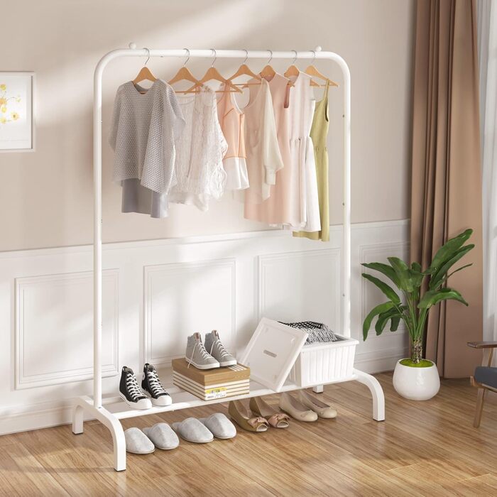 MOYIPIN Metal Clothes Rack, Single Rod Portable Clothes Hanger Rack, Clothes Stand for Bedroom, Balcony 110.5 cm, White