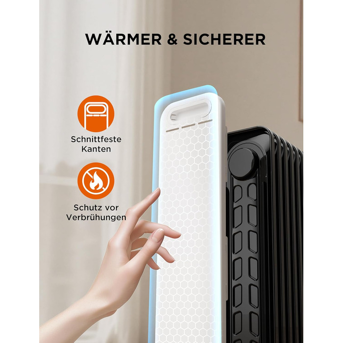 Електричний масляний радіатор Midea 2000W з 11 ребрами, 3 режими нагріву, термостат, захист від перекидання та перегріву, тихий, для дому та офісу