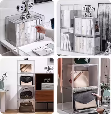 GUDEMAY Transparent Stackable Plastic Boxes with Magnetic Closure - Dustproof Storage Display Case Showcase Ideal for Figurines, Books, Cosmetics, Shoes, and Handbags (3-Piece Set) Transparent - 3-Piece Set