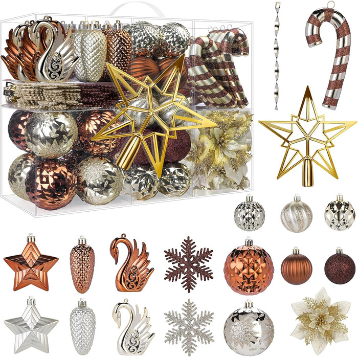 Набір прикрас для ялинки Alupssuc 128 шт. - ялинкові кулі, квіти, орнаменти, червоно-золотий (шампань, коричневий)