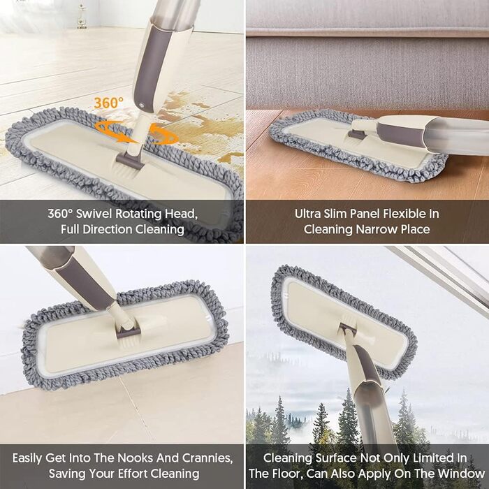 MEXERRIS Спрей-моп для підлоги з обертанням 360° з 3 змінними мікрофібровими накладками та баком для води 410 мл. Підходить для всіх типів підлоги, бежевий.