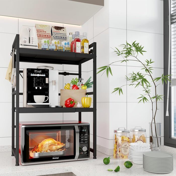 Регульована підставка для мікрохвильової печі, 2-рівнева розширювана, з вуглецевої сталі, з 8 гачками, органайзер для кухні (1 шт, чорний)