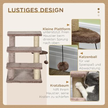 PawHut 3-Step Pet Staircase with Scratching Posts, Ball, Dog Staircase, Pet Staircase for Cats up to 5 kg, Plush Jute, White 45 x 40 x 48 cm (45L x 40W x 48H cm, Brown)