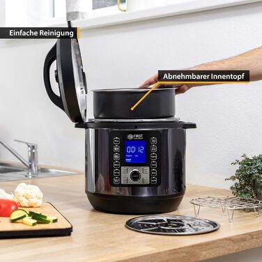 TZS First Austria Electric Pressure Cooker 6L | Multi-Cooker | 12 Programs Pressure Cooker | Rice Cooker | Steamer with Keep Warm Function, Grey-Black Stainless Steel Grey/Black