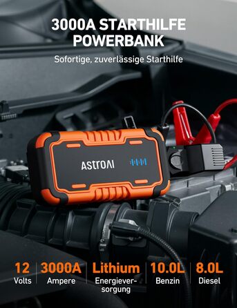 Powerbank AstroAI P10 для авто: пусковий пристрій, 10L бензин/8L дизель, 12V, LED, Orange