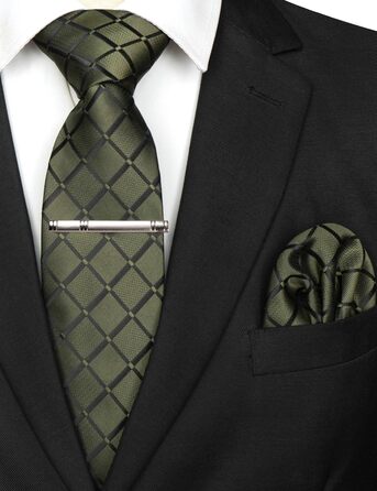 Чоловіча краватка та нагрудна хустинка JEMYGINS для весілля, в клітинку, темно-зелена (оливковий)
