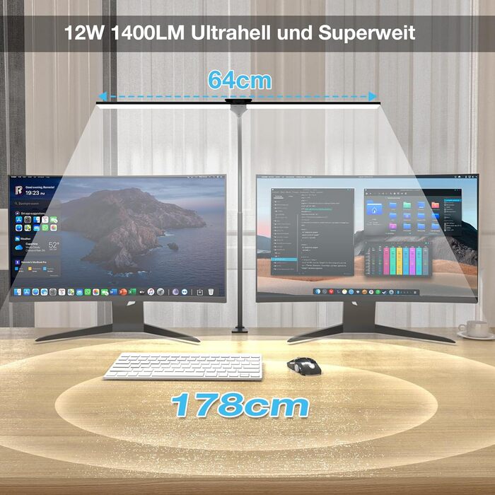 LED лампа настільна для офісу та дому, світло для монітора, 1400 люмен, регульована яскравість, кріплення на кліпсі, світильник для робочого місця, гнусий «лебединий шия», подвійний насадки, 5 режимів кольору та рівнів яскравості, білий колір (чорний, 64 