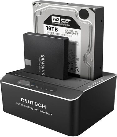 Док-станція для жорстких дисків RSHTECH Dualschacht, USB 3.0, алюміній, підтримка 2.5/3.5 SATA HDD/SSD, 2 x 16TB, Offline-Klonування, RSH-DS01