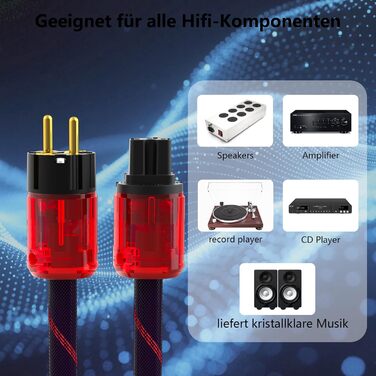 Професійний силовий кабель Profi-Stromkabel 4N OFC (1м) з роз'ємами Schuko та C15, 24K золоте напилення, EMV-екранування для Hi-Fi підсилювачів та CD-плеєрів