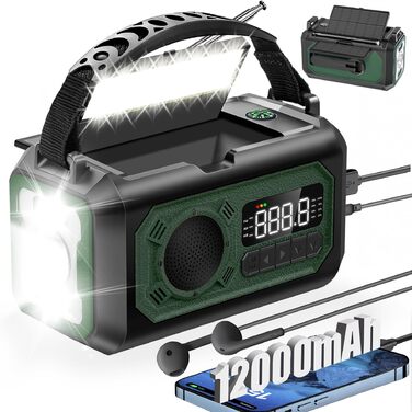 Радіо на сонячних батареях та ручному заводі 12000mAh з USB зарядкою, ліхтариком, компасом, NOAA, AM/FM - аварійне радіоприймач