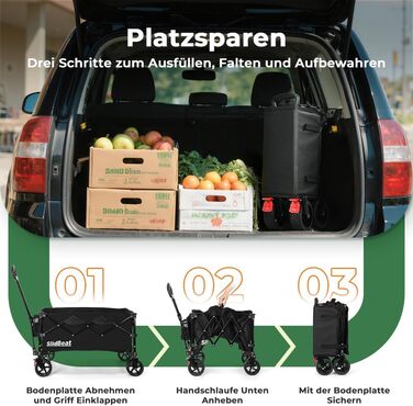 Візок складний SLIDBEAT Bollerwagen 150л, 150кг, чорний XL: для кемпінгу, покупок, саду, пляжу. Гальма, регульована ручка, тримач для напоїв.