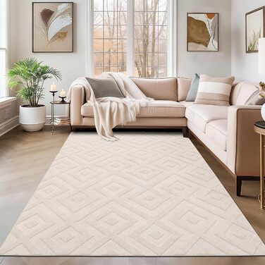 Килим для вітальні SHACOS з коротким ворсом, бежевий, геометричний з 3D ефектом, 120x160 см та 140x200 см