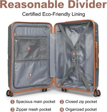 Чемодан British Traveller Mittelgroß: міцний валіза на 8 коліщатках з TSA-замком, 66 x 43.3 x 28.5 см (Сірий/Коричневий)