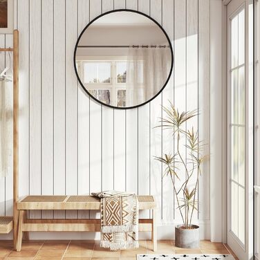 Круглий настінний дзеркало WOLTU 40 см з рамою, сучасний декор для ванної, спальні, вітальні, коридору, декоративне дзеркало для макіяжу зі скла, металу та MDF, з гачком (71L x 71B см, Чорний)