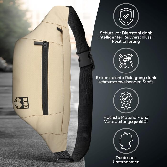 RUVO® Поясна сумка для чоловіків та жінок | Стильна сумка на пояс з 4 відділеннями на блискавці | Підходить для будь-яких активностей (Бежевий)