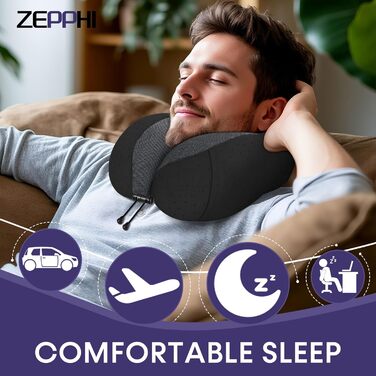 Подушка для шиї у літак - туристична подушка з Memory Foam - зручна подушка-воротник з м'яким дихаючим чохлом - ідеальна для подорожей, офісу, авто, кемпінгу, сну (Чорний)