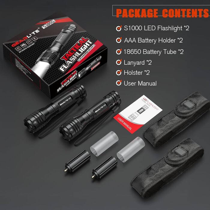 LED ліхтарик Gearlite: 2 шт., 4000 люмен, водонепроникний, з зумом, для кемпінгу, туризму, надзвичайних ситуацій