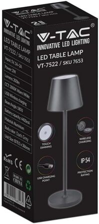 LED-лампа настільна V-TAC VT-7522 чорна з бездротовим живленням, сенсорне керування, акумулятор 4400 mAh, IP54, 3000K, 2W (для дому та вулиці)