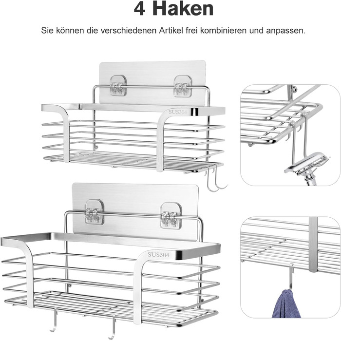 Поличка для душу Carehabi без свердління, 2 шт. Органайзер для ванної кімнати, полиця для душу з нержавіючої сталі з 4 гачками для шампуню та гелю для душу
