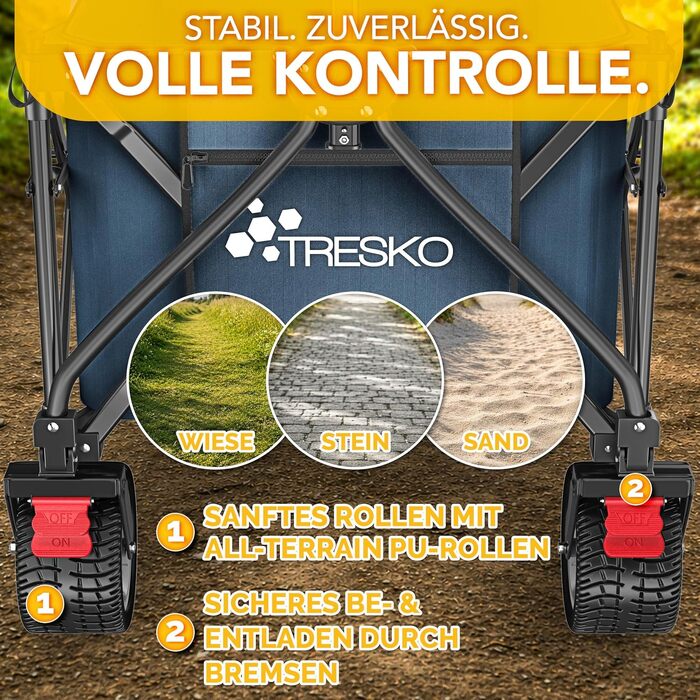 Універсальний складаний візок TRESKO® 300L з гальмом та повногумовими колесами | Складаний пляжний візок для транспортування вантажів до 150 кг (Синій)