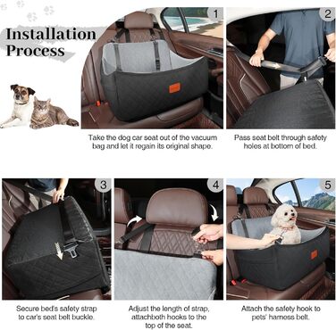 Wooaidagg Dog Car Seat for Medium & Large Dogs - Washable Memory Foam Pet Car Bed with 2 Leashes (Black/Grey)