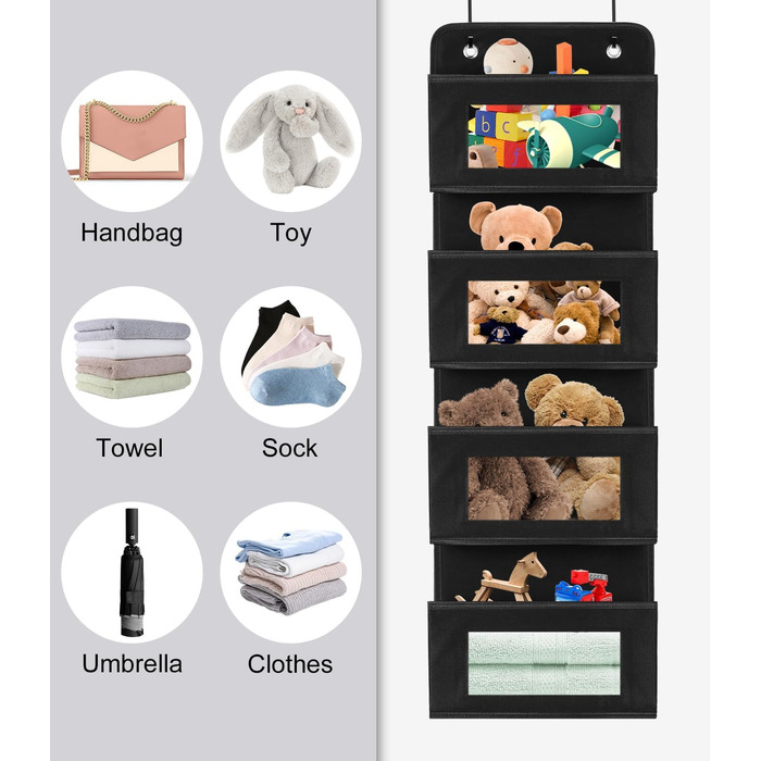 Настінна вішалка-органайзер на двері з 4 великими кишенями та прозорим вікном, 2 металеві гачки, чорний колір, для спальні, офісу, дитячої кімнати