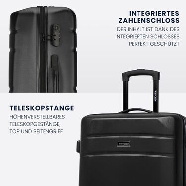 Набір валізWITTCHEN Globe Line: 4 валізи (великий, середній, маленький, ручна поклажа) з ABS-пластику, 4 колеса, кодовий замок, телескопічна ручка, чорний колір. Підходить для Lufthansa, Eurowings, Ryanair, Condor, Discover Airlines