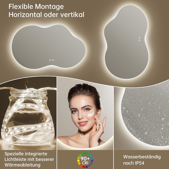 Дзеркало для ванної кімнати з підсвічуванням, без рами, 50x75 см, арочне, антизапар, сенсорний вимикач, регульована яскравість, 3 кольори світла