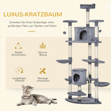 PawHut Драбина для котів велика 200 см XXL, багатоповерхова кімната для котів з гамаками, стійка для великих котів, сірого кольору