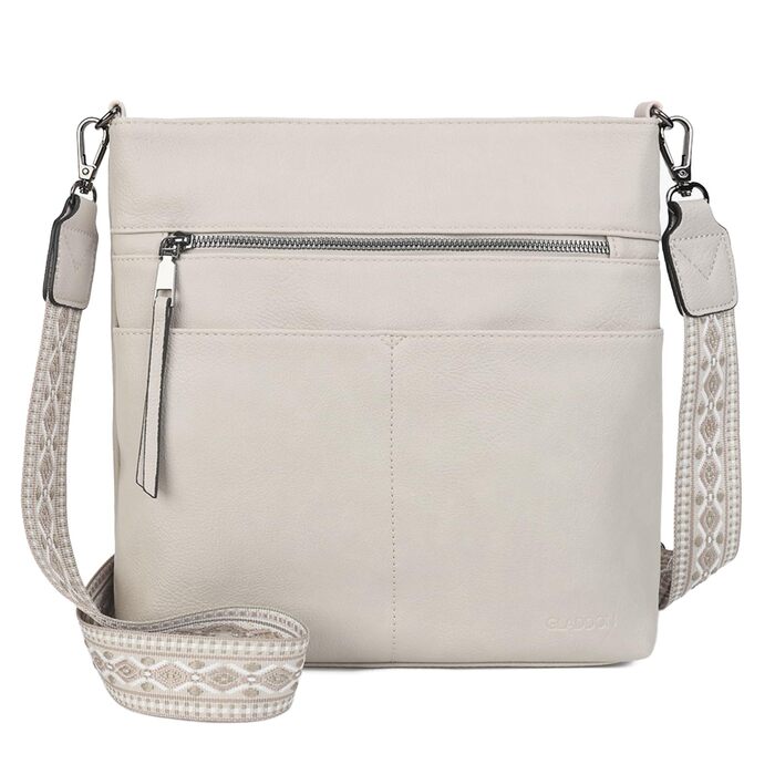 Сумка жіноча Gladdon шкіряна крос-боді середнього розміру з широким ременем, сумка на плече з жакардовою тканиною (бежева)
