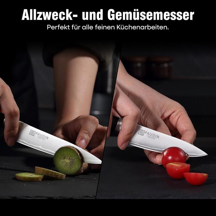 Набір кухонних ножів PAUDIN 4 шт: кухонний ніж, саторі, універсальний ніж, ніж для овочів. Професійний, гострий, з нержавіючої сталі 10Cr15CoMoV (твердість 62 HRC), з ергономічною дерев'яною ручкою