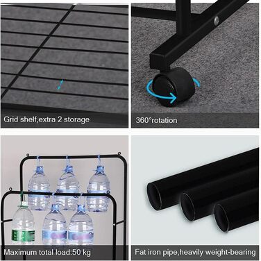 Clothes Rack, Rolling Garment Rack with 2 Clothes Rods, 2 Shelves for Boxes (Black)
