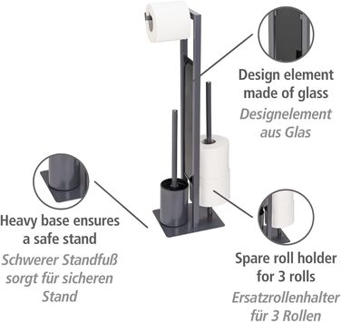 WENKO Stand WC-Garnitur Rivalta, freestanding toilet set with toilet brush, toilet paper and spare roll holder, matt lacquered steel, safety glass splash plate, 18 x 70 x 23 cm, Grey Grey/Black/Black