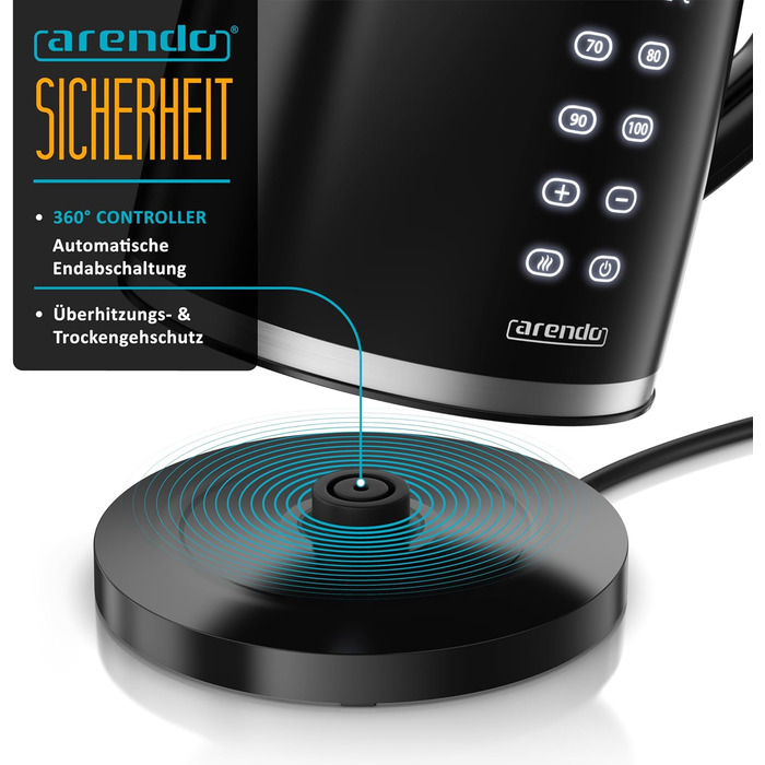 Електричний чайник Arendo з регулюванням температури, нержавіюча сталь, подвійні стінки Cool Touch, дисплей, бездротовий, 2200 Вт, 1,7 л, захист від перегріву, функція підтримання тепла, чорний