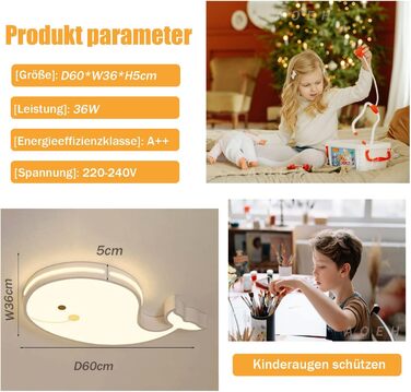 LED Ceiling Lamp Dolphin Shape Dimmable with Remote Control Boy Girl Baby Kids Children's Room Lamps Ceiling Children's Room Bedroom Lamp Room Lighting Chandelier, White, 50cm (White)