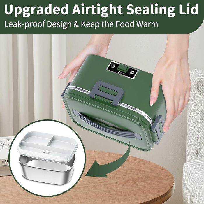 Electric Lunch Box 100W, 3-in-1 Portable Heated Lunch Box, Removable Stainless Steel Lunch Container, 12V/24V/220V Insulated Food Warmer for Car/Truck/Office, with Insulated Bag and Sponge (Green, 1.8 L)