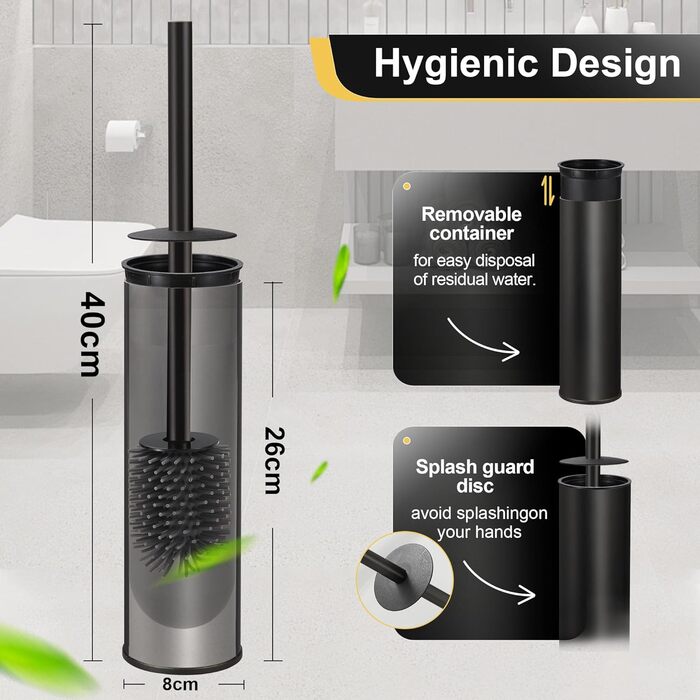 Підлогова щітка для унітазу DAZI, чорна матова, з 2 щітками для глибокого очищення, захист від бризок та засмічень