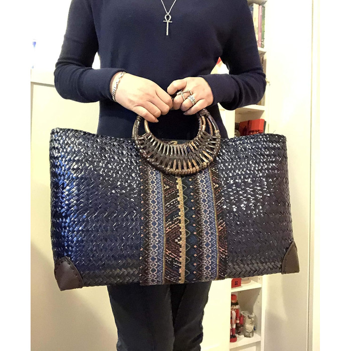 Rotfuchs Women's Bag Handbag Straw Bag Shopping Bag Beach Bag Handmade from Rattan Marine 50 cm